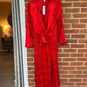 Red silk kimono-style wrap dress with side slit